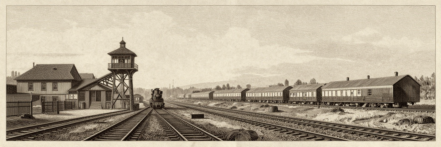 A Victorian railway junction with a signal box, one line carrying a fast locomotive and the other a long goods train
